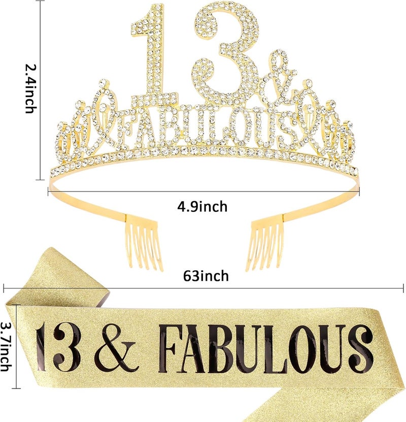 Hapdoo 13th Birthday Decorations Set - Gold 13th Birthday Crown and Sash with Tiara for Her - Image 2